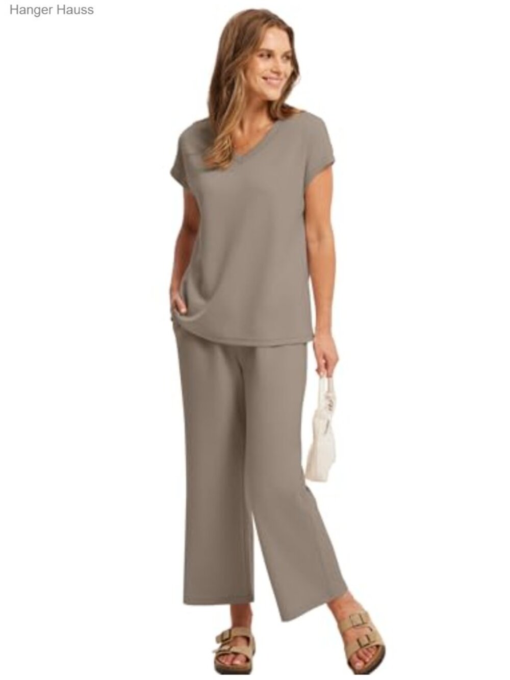 Two Piece Lounge Set V Neck Top Wide Leg Pants - Picture 3 of 5